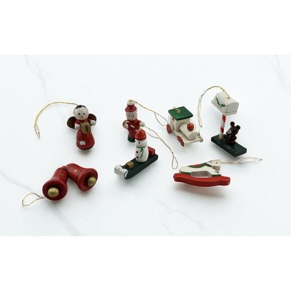 Set of 7 Vintage Wooden Germany Hand Painted Mini Christmas Ornaments - Picture 1 of 7